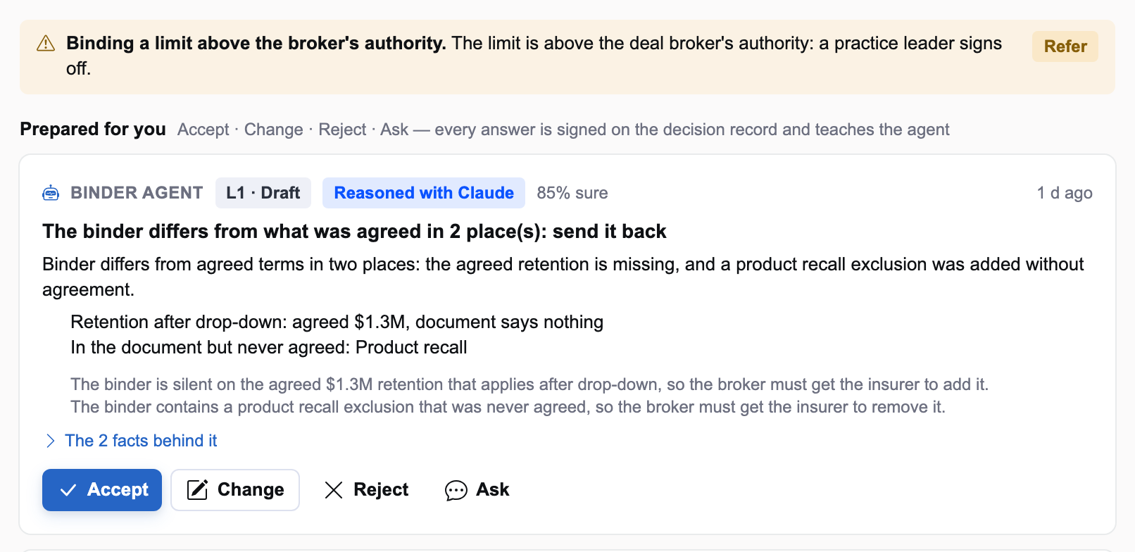 An illustrative binder check: the authority control referring the bind, and the binder agent finding two differences from the agreed quote