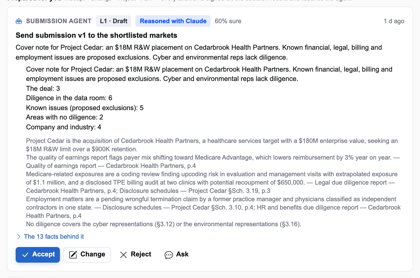 The submission agent's draft for a healthcare services deal