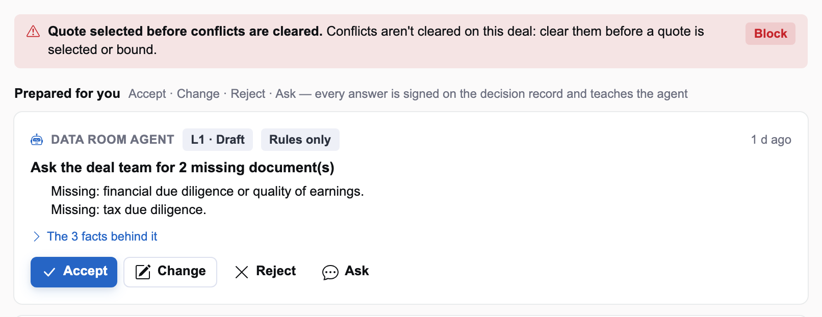 A placement control blocking quote selection until conflicts are cleared, on an illustrative deal