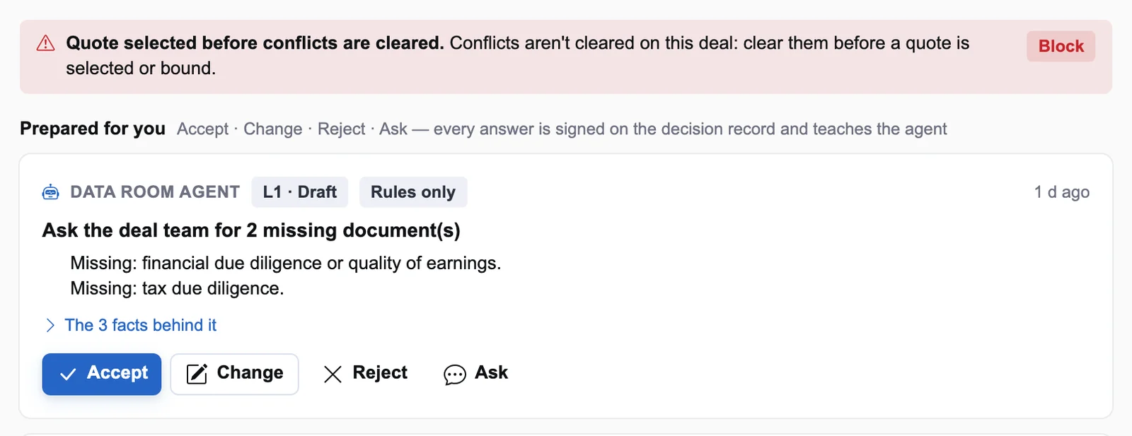 A placement control blocking quote selection until conflicts are cleared