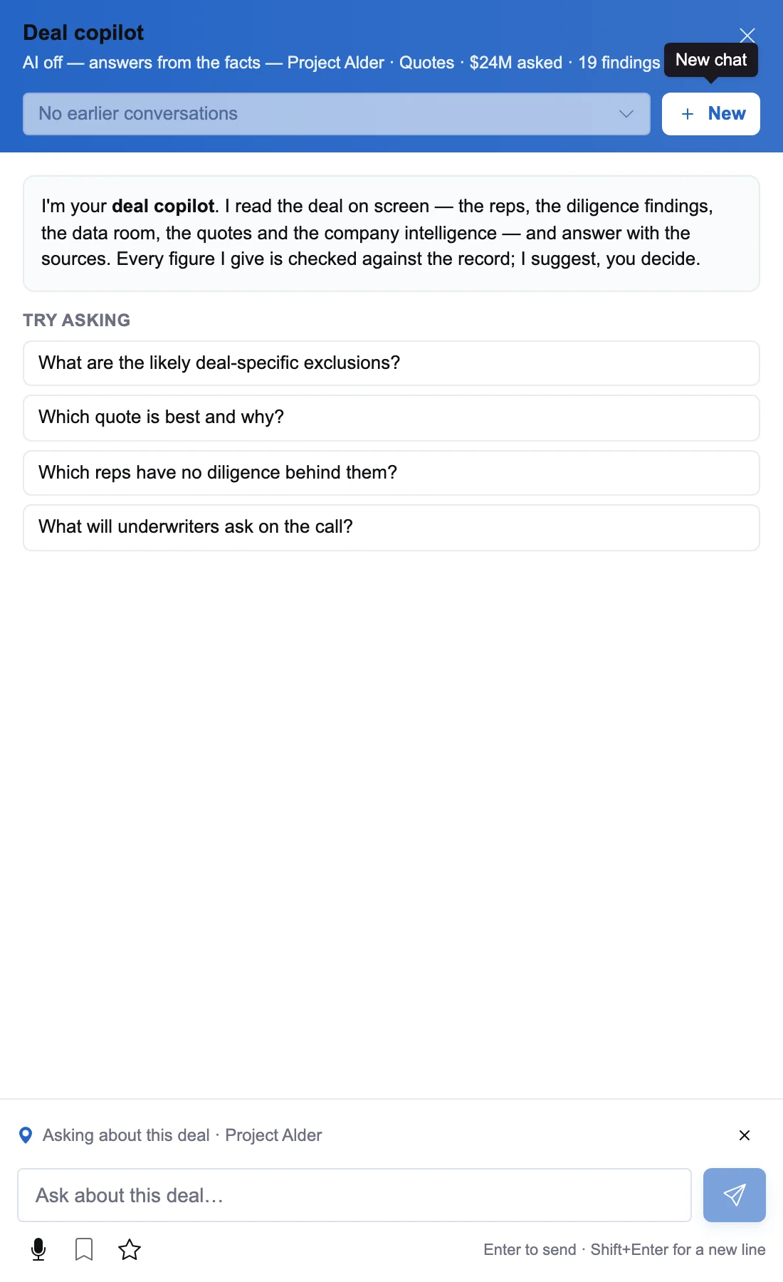 The deal copilot drawer with suggested questions, on illustrative data