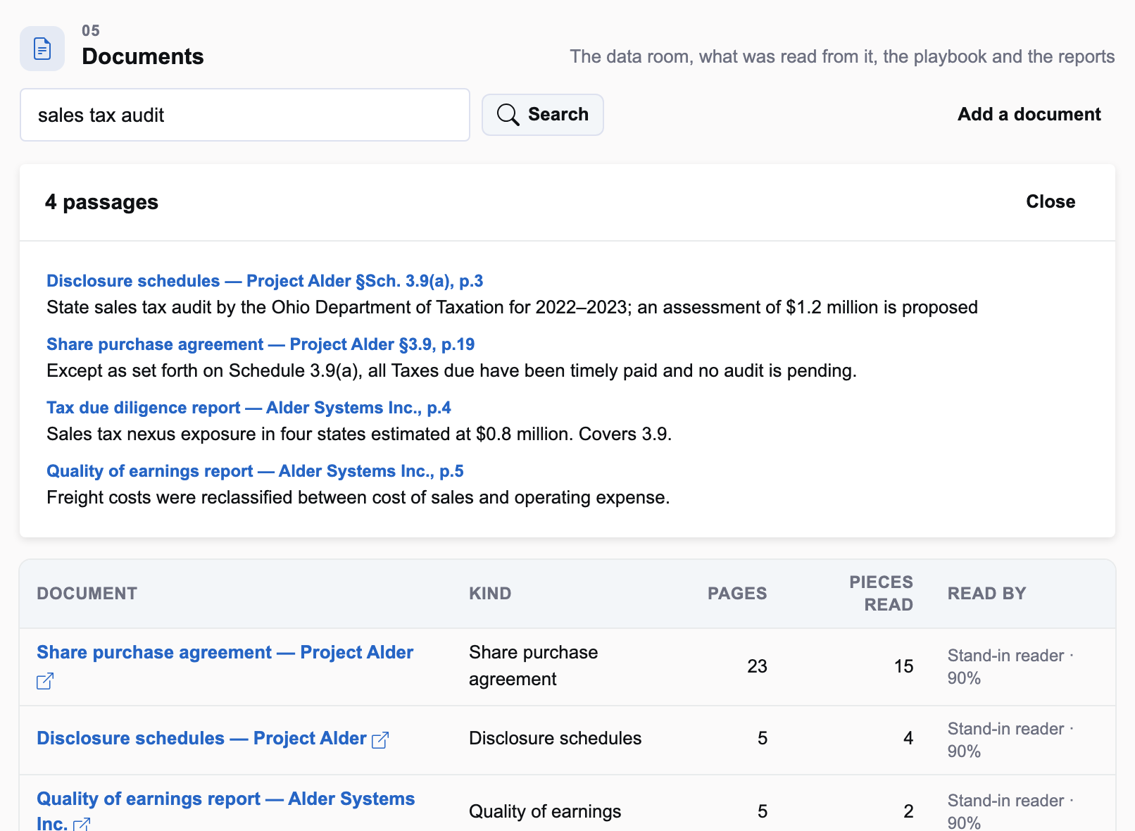 Searching an illustrative data room for sales tax audit: four passages cited to document, section and page