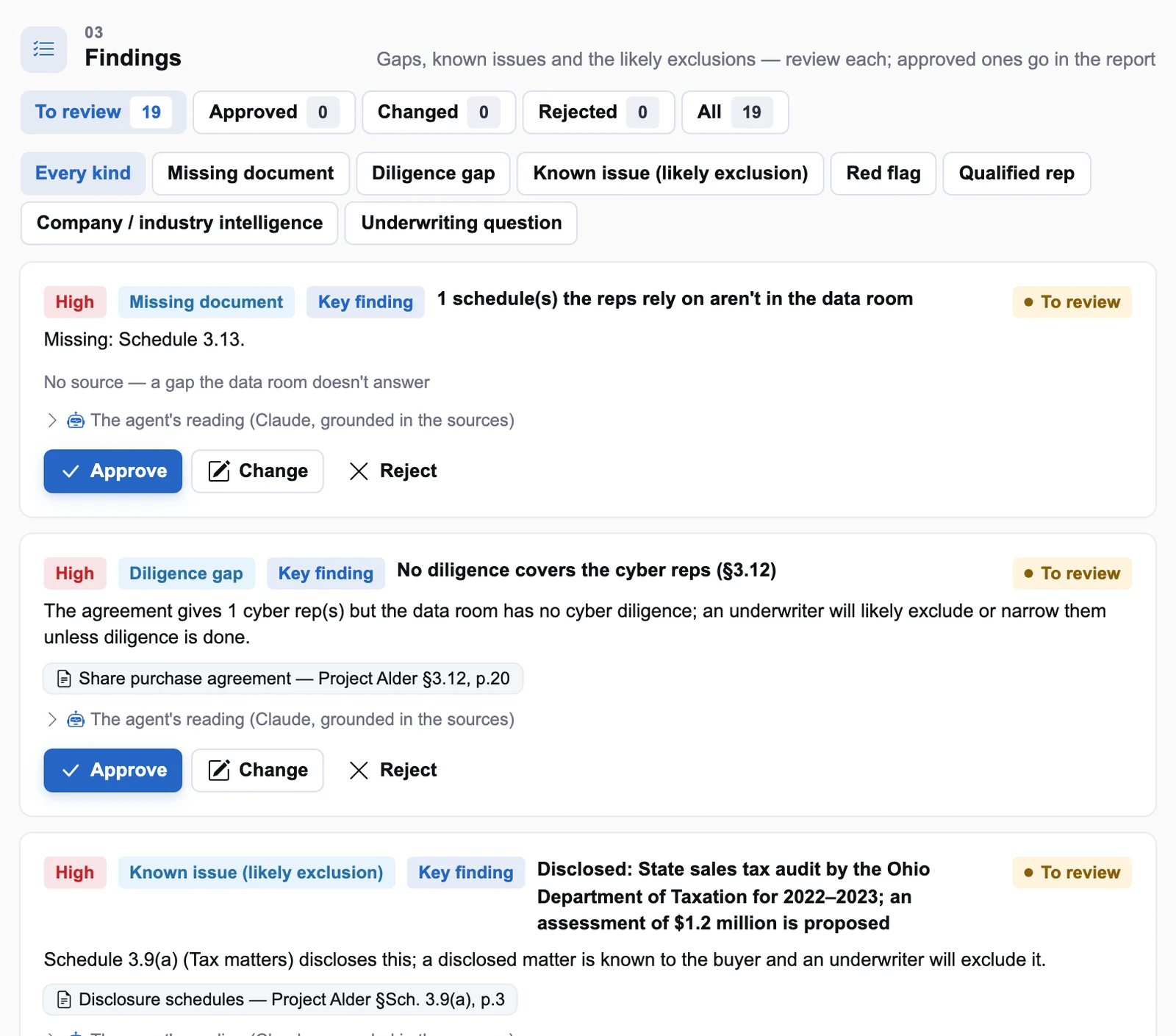 Findings to review with severity, kind, citations and Approve, Change, Reject