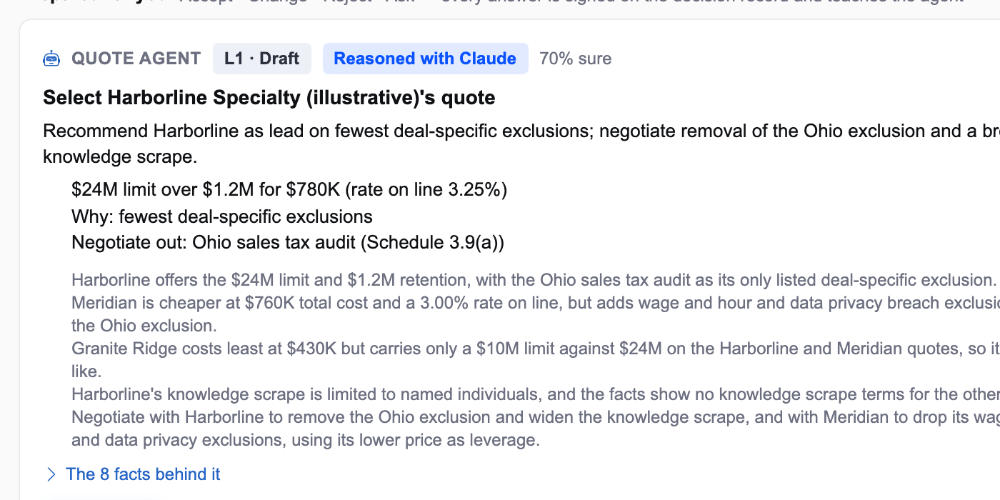 The quote agent's prepared recommendation on an illustrative deal: select Harborline Specialty's $24M over $1.2M for $780K, why, what to negotiate out, with Accept, Change, Reject and Ask