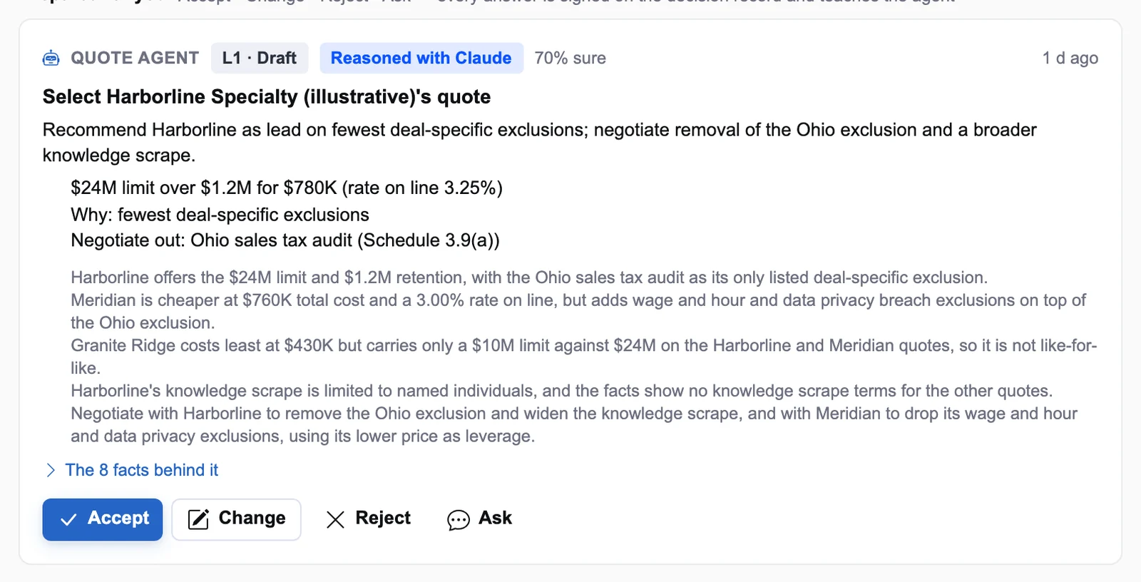 The quote agent's prepared recommendation to select one quote, on illustrative data
